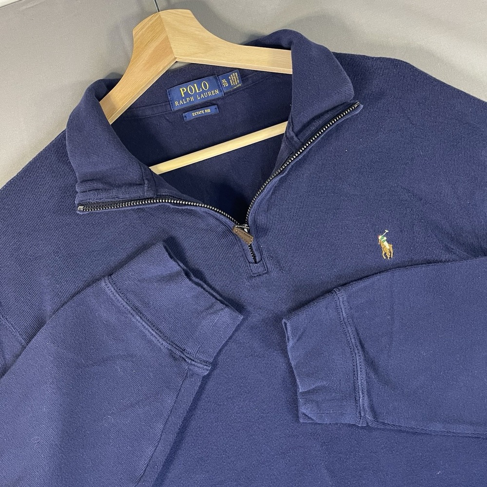 Polo Ralph Lauren Sweater Mens XL Blue Quarter Zip Mock Neck Estate Rib